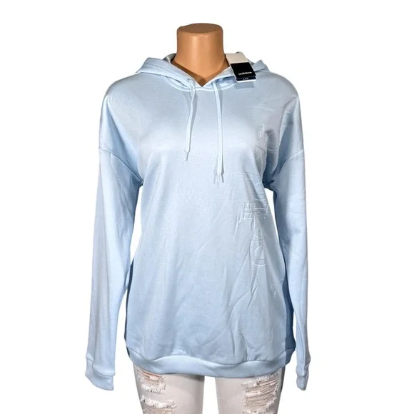 Adidas Womens Light Blue Embossed Logo Pullover Hoodie Size L NWT - Picture 2 of 12